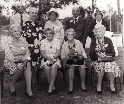 CDHS Pioneers gathering of ex-pupils of the Ainslie School. Back - R Arneson, Jean Edlington (Mrs Tracey), Sylvia Curley, Stan Melville, Evelyn Curley. Front - Alice Avery (Mrs Price), Iris Wilden (Mrs Carnall), Ruby Wilden (Mrs Davis), Sue Melville (Mrs Bedford).