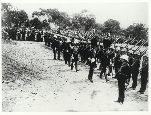 Commencement ceremony, with Lord Denman, the Governor General reviewing the guard of honour of RMC cadets