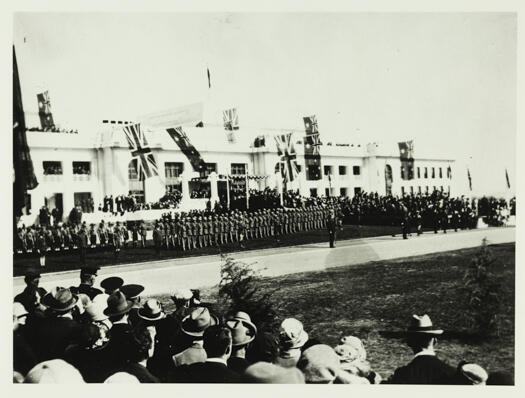 Opening of Parliament House showing soldiers formed up in front of the steps.