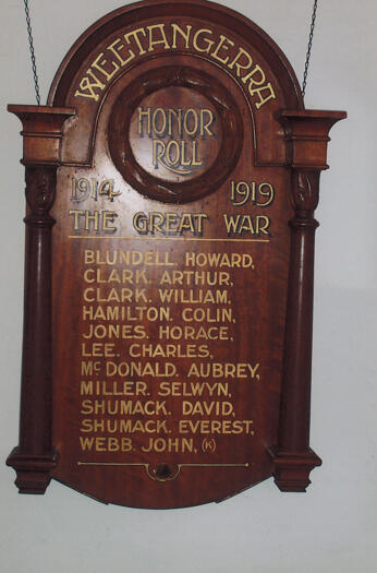 Honor Roll for men from the Weetangera district who served in the Great War of 1914-1919 hanging in the Schoolhouse Museum near St. John's Church in Reid.