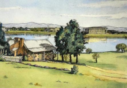 View of Blundell's Cottage looking across Lake Burley Griffin to the National Library of Australia, Canberra