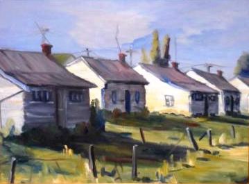 Oil painting of a street in The Causeway, Canberra in 1977 by Isabel Bunting (framed)