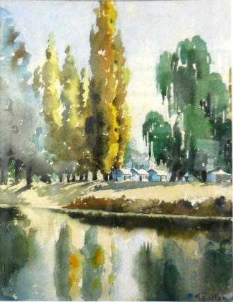 Watercolour entitled 'On the Molonglo Canberra' - an autumn scene in Canberra with houses in the background (framed)