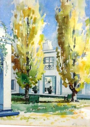 Watercolour entitled 'Poplars, Parliament House, Canberra' - autumn scene in Canberra showing a courtyard of old Parliament House, by Nancy Bolton (framed)