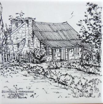 Ceramic tile with black and white illustration of Blundell's Farmhouse Canberra as it may have been in 1858