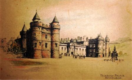 Colour photo-lithograph of Holyrood Palace, Edinburgh. The historic monument, Holyrood Palace, Edinburgh, was home to Mary Queen of Scots and was often visited by Queen Victoria. The building dates from around 1503.