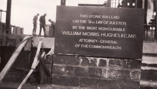 Patents Office foundation stone laid by W.M. Hughes, Attorney-General, at the building site on Kings Avenue Barton.