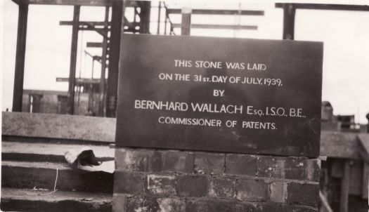Patents Office foundation stone laid by B. Wallach, Commissioner of Patents, at the building site on Kings Avenue, Barton