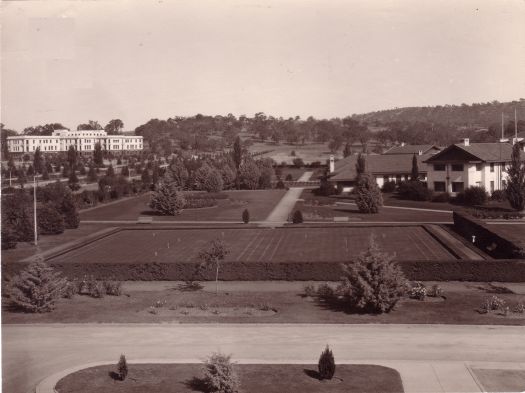 Hotel Canberra and West Block from Albert Hall showing the lawns and gardens