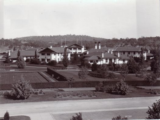 Hotel Canberra from the Albert Hall showing the croquet lawn
