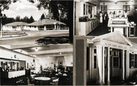 Lady Gowrie Services Club in Manuka. Postcard shows different views of the interior of the club. The history of the club is printed on the back of the card.