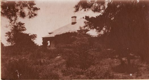 A distant view of Acton House, obscured by trees. It was demolished in 1941 for the building of the Canberra Hospital. The site is now covered by the  National Museum.