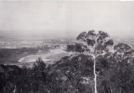 View from Black Mountain towards Acton one week before the closing of the valve at Scrivener Dam to form Lake Burley Griffin
