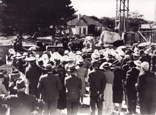 Crowd watching the foundation stone ceremony, Canberra Hospital, January 1941. The foundation stone was laid by Sir Frederick Stewart, Minister for Health. See 'Royal Canberra Hospital. the first 40 years by Arthur Ide, page 225.