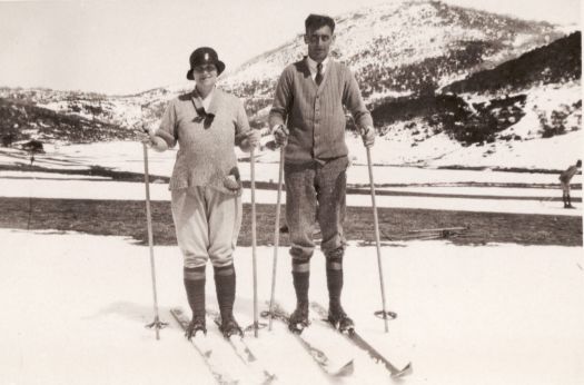 Mr. and Mrs. Rouse skiing at Mt Kosciuszko. Possibly 1925 as per CS Daley photo 176