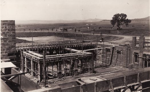 Rear portion of Parliament House under construction, looking towards Barton