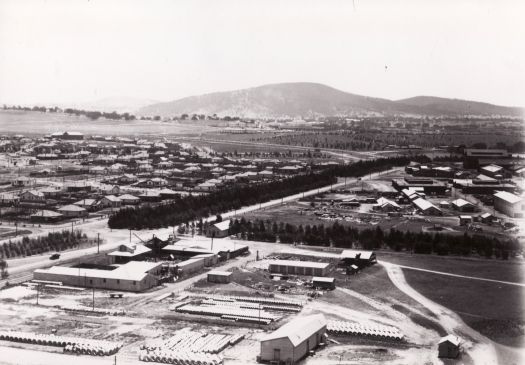 Aerial view from over the Causeway of Government store yards in Wentworth Avenue, Kingston, looking towards Red Hill.