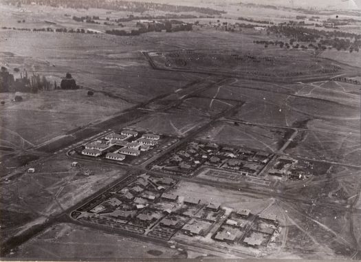 Aerial view over Braddon to City Hill showing Gorman House and houses from Elimatta to Currong Streets. Braddon houses were built early 1920s.