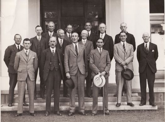 Visit of English cricketers. Front row CS Daley, ?, D Jardine, Nawab of Pataudi, W Hammond,?

These cricketers figured prominently in the infamous Bodyline series. Pataudi played for both England and India.