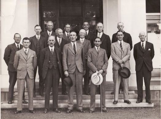 Visit of English cricketers. Front row CS Daley, ?, D Jardine, Nawab of Pataudi, W Hammond,?

These cricketers figured prominently in the infamous Bodyline series. Pataudi played for both England and India.