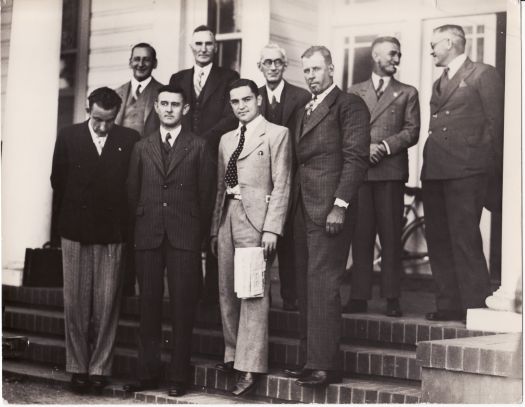 Civic reception to visiting swimmers, Poussard, Tares and Charlton. Left to Right: Tares, Loveless, CS Daley, Blakeley, Poussard, Tillyard, Charlton, Davies, Dickson.