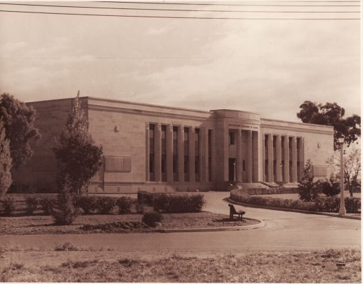 Front view from the south east of the Institute of Anatomy. Now ScreenSound Australia, McCoy Cct, Acton.