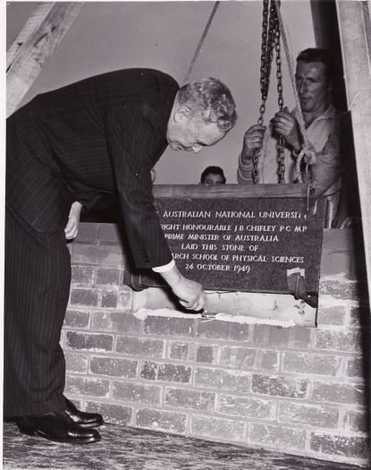 Prime Minister J.B. Chifley laying foundation stone, Research School of Physical Sciences, ANU