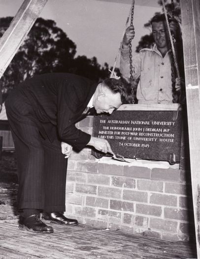 J.J. Dedman laying foundation stone at University House