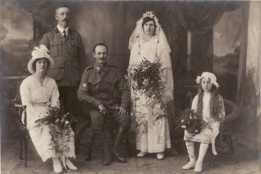 Portrait of William James and (Harriet Maud) Margaret McKay of Bungendore who were married on 23 January 1915, just after he enlisted for service in World War 1. Also pictured are the best man, maid of honour and flower girl.