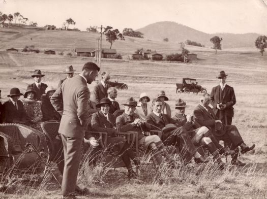 Visit of Lord and Lady Baden Powell to the scout hall at Forrest. Group includes Lord Stonehaven, Lady Stonehaven, Robert Garran, Colonel Goodwin.