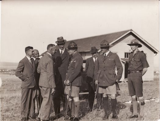 Scout hall, Forrest. L to R, Charles Daley, Colonel Goodwin,?, Robert Garran, Lord Baden Powell,?, Lord Stonehaven (Governor General 1925-1930)