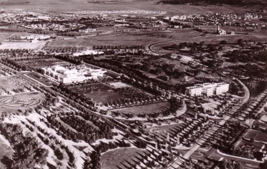 Aerial view over Parliament House to the south east from over Albert Hall.