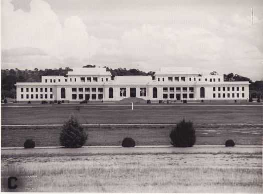 Parliament House - front view from about King Edward Tce with marker for King George V statue (x2)