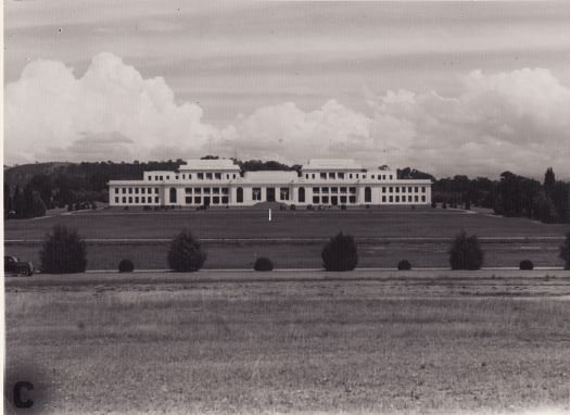 Parliament House - front view from about King Edward Tce with marker for King George V statue (x2). Taken slightly further away than 889