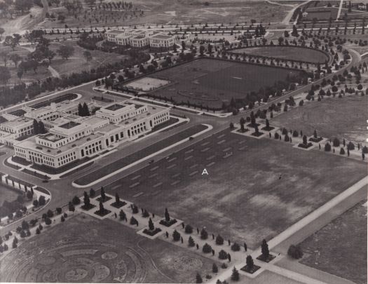 Aerial view over Parliament House and West Block