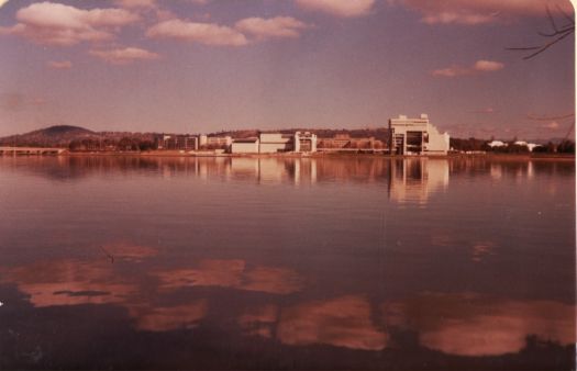 Lake Burley Griffin showing High Court and National Gallery with Parliament House and other buildings in the background
