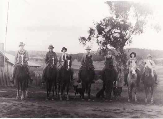 Eddison family at 'Yamba' (Woden Valley) on horseback. L to R Tom, Jack, Diana, WH Eddison, Keith, Pam and Marion.