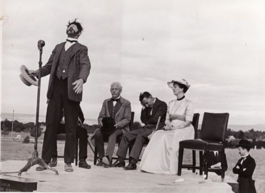 John Garran as King O'Malley at the re-enactment of the naming of Canberra at the Commencement Stone on Capital Hill.