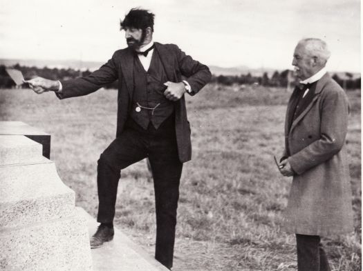 John Garran as King O'Malley at the re-enactment of the naming of Canberra at the Commencement Stone on 12 March 1913.