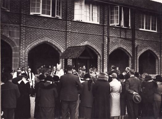 Canberra Grammar School - gathering of people at bell-ringing including Bishop Radford