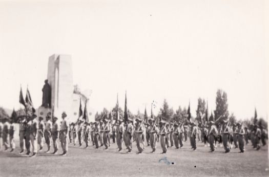 Rehearsal for royal visit, soldiers on parade near King George V memorial in front pf Parliament House