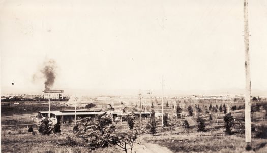 View over Riverside Hostel to Kingston (Eastlake), with Power House to left. Riverside was a camp at Blackall Street, Barton, now Landmark housing development.