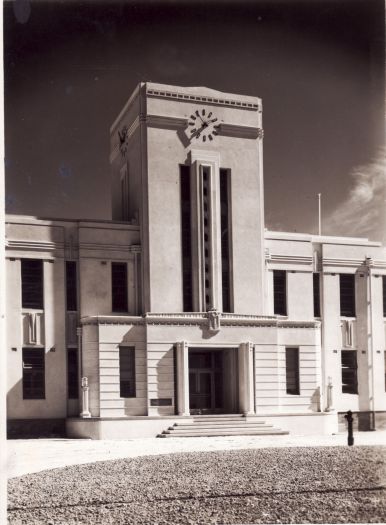 Canberra High School main entrance showing clock tower.