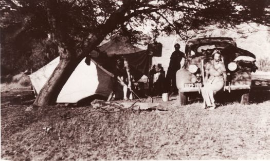 Weekend trip to the Murrumbidgee. Shows a man erecting a tent beneath a tree. Mrs Dorrie Arneson is sitting on the front of a ute and Mrs Ancel Johnston is in the background.