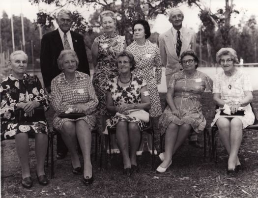 CDHS Pioneers. Ex-pupils of Duntroon School. Back - W Cooney, Eileen Hill (Mrs Moore), Alma de Smet, Dick Arneson. Front - Jean Edlington (Mrs Tracey), Alice Avery (Mrs Price), Annie McIntosh (Mrs Edwards), Alma Wilden (Mrs Hill), Iris Wilden (Mrs Carnall).