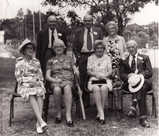 CDHS Pioneers gathering of ex-pupils of the Nerribundah School.  Back - Jack Corkhill, Pat Corkhill, Ruby Wilden (Mrs Davis). Front - Lett Reid (Mrs Harrigan), ? Walker (Mrs Hibberson), Iris Wilden (Mrs Carnall), Doug Vest.