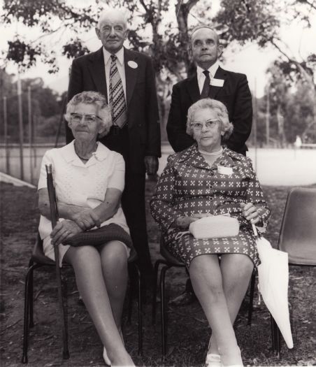 CDHS Pioneers gathering. Ex-pupils of Ginninderra School. Back - Ross Brown, H Kilby. Front - Jane Moore (Mrs Southwell), Kate Moore, Mrs Bingeman.