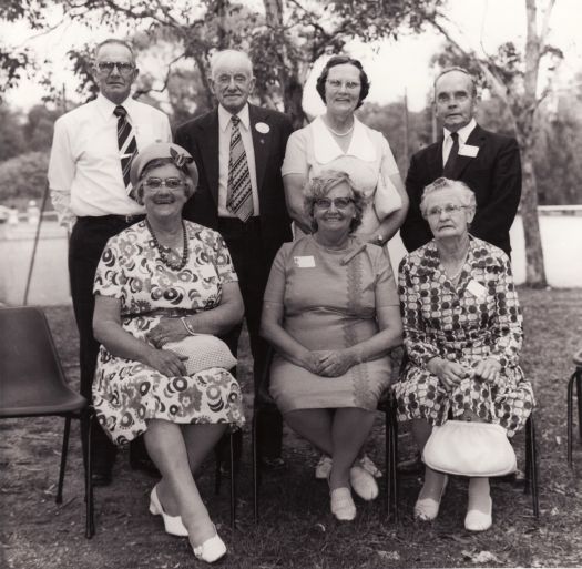 CDHS Pioneers gathering. Ex-pupils of Hall School. Back - C Southwell, R Brown, (Mrs Brown), K Kilby. Front - Beryl Kilby (Mrs C Southwell), Merle Gribble (Mrs A Bryan), Florrie Gribble (Mrs Mundy).