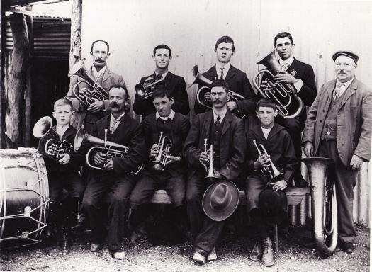 Portrait of ten men and boys, members of the Bungendore Brass Band