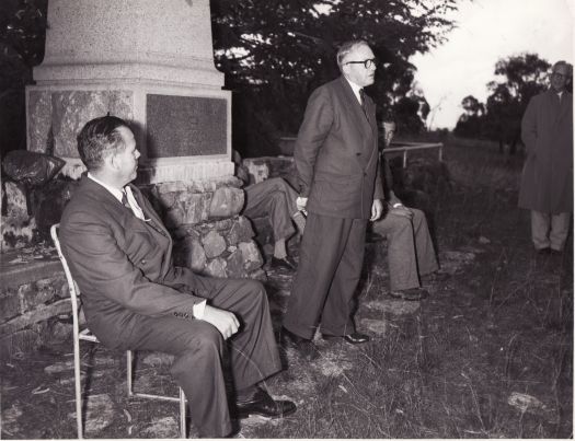Ceremony at a Commonwealth monument to William Farrer on Lambrigg Hill near Tharwa on the fiftieth anniversary of his death.